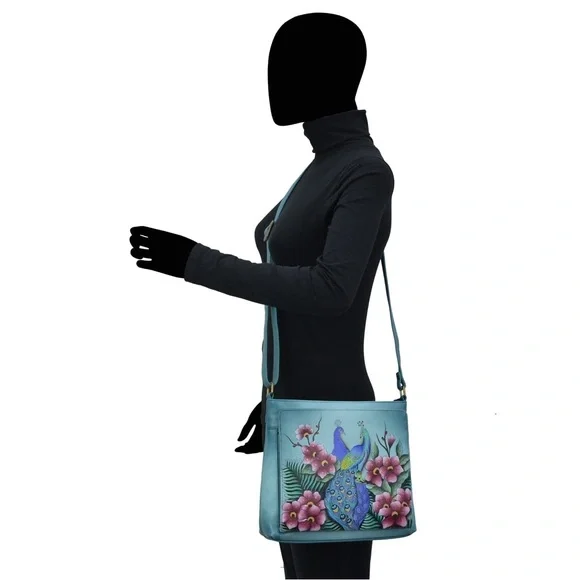 Anuschka Peacock Hand-Painted Blue Floral Crossbody Bag - Picture 2 of 15